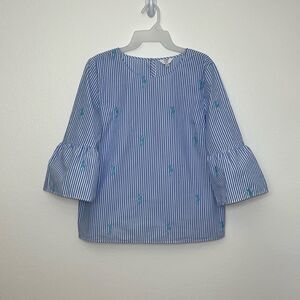 Crown & Ivy Size L Petite Blouse Blue White Stripe Seahorses Gateway To Bali